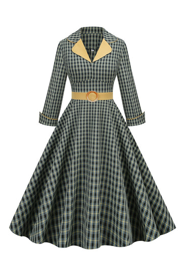 V Cuello Verde Faja 1950s Vestido con 3/4 Mangas